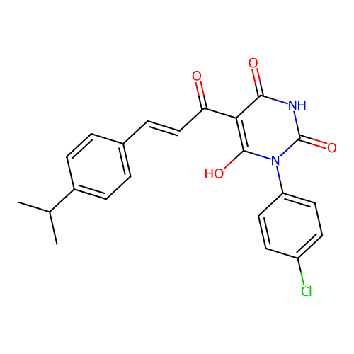 (E)-3-(4-chlorophenyl)-6-hydroxy-5-(3-(4-isopropylphenyl)acryloyl)pyrimidine-2,4(1H,3H)-dione structure