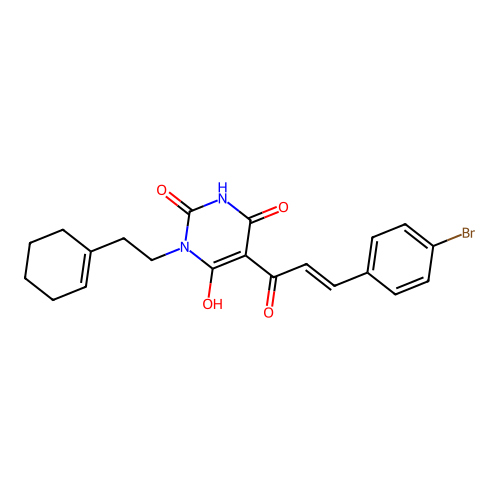 (E)-5-(3-(4-bromophenyl)acryloyl)-3-(2-(cyclohex-1-en-1-yl)ethyl)-6-hydroxypyrimidine-2,4(1H,3H)-dione structure