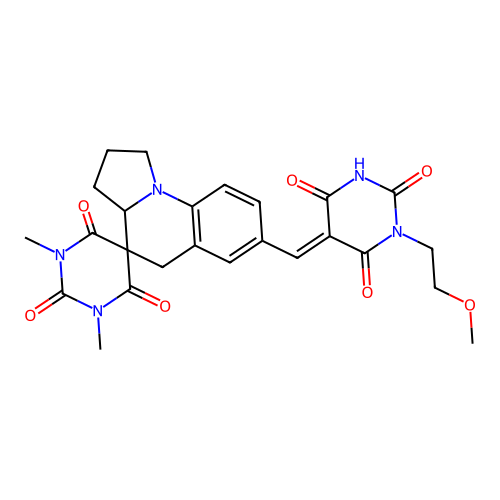(E)-7'-((1-(2-methoxyethyl)-2,4,6-trioxotetrahydropyrimidin-5(2H)-ylidene)methyl)-1,3-dimethyl-2',3',3a',5'-tetrahydro-1H,1'H-spiro[pyrimidine-5,4'-pyrrolo[1,2-a]quinoline]-2,4,6(3H)-trione structure