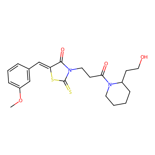 (Z)-3-(3-(2-(2-hydroxyethyl)piperidin-1-yl)-3-oxopropyl)-5-(3-methoxybenzylidene)-2-thioxothiazolidin-4-one structure