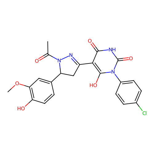 (Z)-5-(1-acetyl-5-(4-hydroxy-3-methoxyphenyl)pyrazolidin-3-ylidene)-1-(4-chlorophenyl)pyrimidine-2,4,6(1H,3H,5H)-trione structure