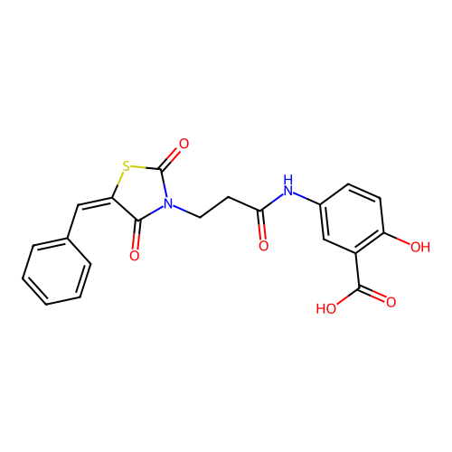 5-({3-[(5E)-5-benzylidene-2,4-dioxo-1,3-thiazolidin-3-yl]propanoyl}amino)-2-hydroxybenzoic acid structure