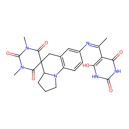1,3-dimethyl-7'-((1-(2,4,6-trioxotetrahydropyrimidin-5(2H)-ylidene)ethyl)amino)-2',3',3a',5'-tetrahydro-1H,1'H-spiro[pyrimidine-5,4'-pyrrolo[1,2-a]quinoline]-2,4,6(3H)-trione structure