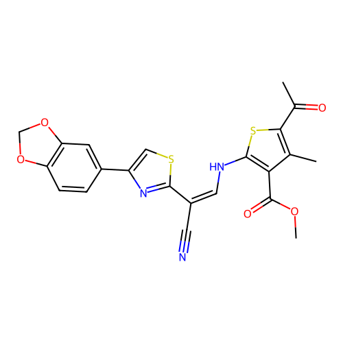 (Z)-methyl 5-acetyl-2-((2-(4-(benzo[d][1,3]dioxol-5-yl)thiazol-2-yl)-2-cyanovinyl)amino)-4-methylthiophene-3-carboxylate structure