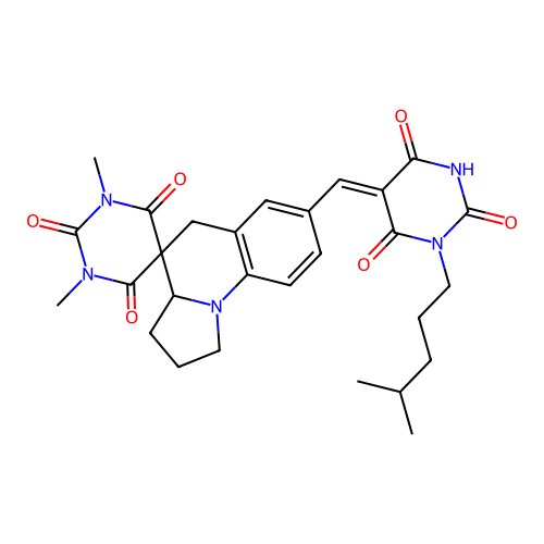 (Z)-1,3-dimethyl-7'-((1-(4-methylpentyl)-2,4,6-trioxotetrahydropyrimidin-5(2H)-ylidene)methyl)-2',3',3a',5'-tetrahydro-1H,1'H-spiro[pyrimidine-5,4'-pyrrolo[1,2-a]quinoline]-2,4,6(3H)-trione structure