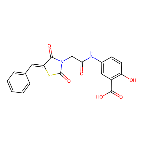 5-({[(5Z)-5-benzylidene-2,4-dioxo-1,3-thiazolidin-3-yl]acetyl}amino)-2-hydroxybenzoic acid structure