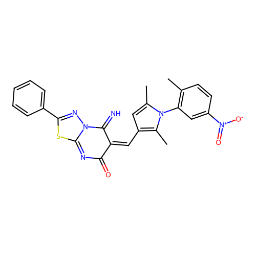 (E)-6-((2,5-dimethyl-1-(2-methyl-5-nitrophenyl)-1H-pyrrol-3-yl)methylene)-5-imino-2-phenyl-5H-[1,3,4]thiadiazolo[3,2-a]pyrimidin-7(6H)-one structure