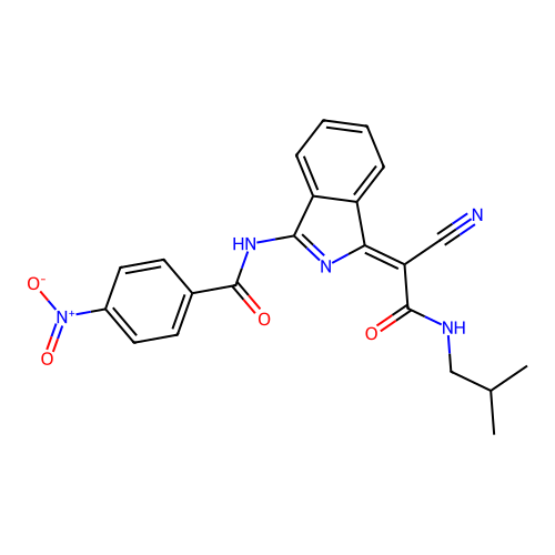 (Z)-N-(1-(1-cyano-2-(isobutylamino)-2-oxoethylidene)-1H-isoindol-3-yl)-4-nitrobenzamide structure