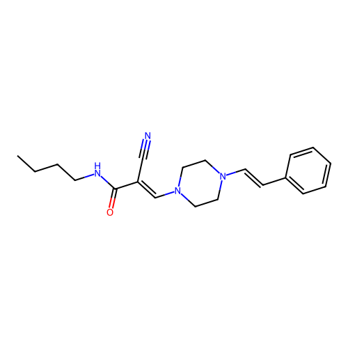 (E)-N-butyl-2-cyano-3-(4-((E)-styryl)piperazin-1-yl)acrylamide structure