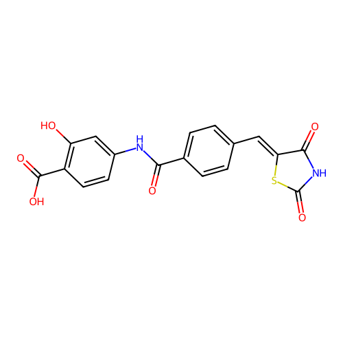 (Z)-4-(4-((2,4-dioxothiazolidin-5-ylidene)methyl)benzamido)-2-hydroxybenzoic acid structure