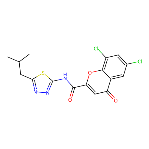 6,8-dichloro-N-(5-isobutyl-1,3,4-thiadiazol-2-yl)-4-oxo-4H-chromene-2-carboxamide structure