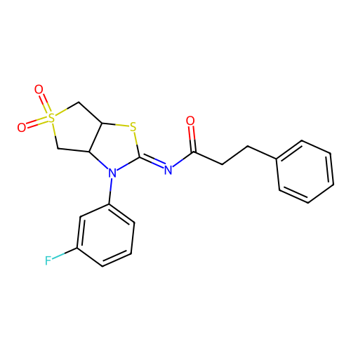 (Z)-N-(3-(3-fluorophenyl)-5,5-dioxidotetrahydrothieno[3,4-d]thiazol-2(3H)-ylidene)-3-phenylpropanamide structure