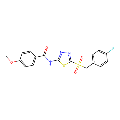 N-[5-[(4-fluorophenyl)methylsulfonyl]-1,3,4-thiadiazol-2-yl]-4-methoxybenzamide structure