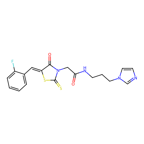 (Z)-N-(3-(1H-imidazol-1-yl)propyl)-2-(5-(2-fluorobenzylidene)-4-oxo-2-thioxothiazolidin-3-yl)acetamide structure