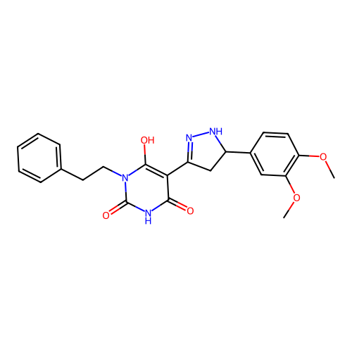 5-[5-(3,4-dimethoxyphenyl)pyrazolidin-3-ylidene]-1-phenethyl-1,3-diazinane-2,4,6-trione structure