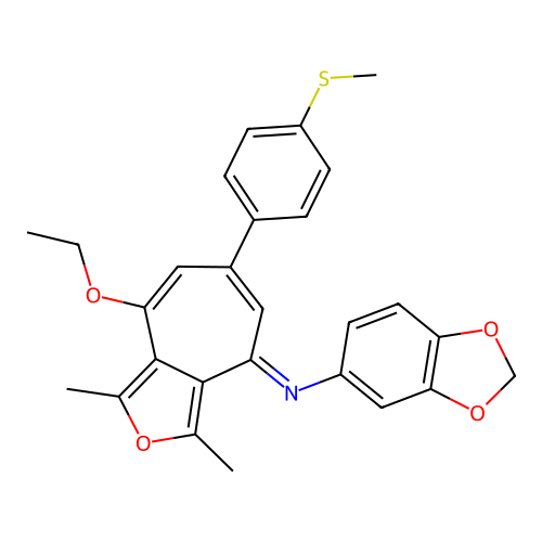 (E)-N-(8-ethoxy-1,3-dimethyl-6-(4-(methylthio)phenyl)-4H-cyclohepta[c]furan-4-ylidene)benzo[d][1,3]dioxol-5-amine structure