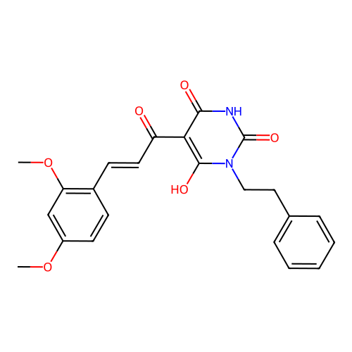 (E)-5-(3-(2,4-dimethoxyphenyl)acryloyl)-6-hydroxy-3-phenethylpyrimidine-2,4(1H,3H)-dione structure