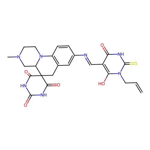 (Z)-8-(((1-allyl-2-mercapto-4,6-dioxo-1,6-dihydropyrimidin-5(4H)-ylidene)methyl)amino)-3-methyl-1,2,3,4,4a,6-hexahydro-1'H-spiro[pyrazino[1,2-a]quinoline-5,5'-pyrimidine]-2',4',6'(3'H)-trione structure