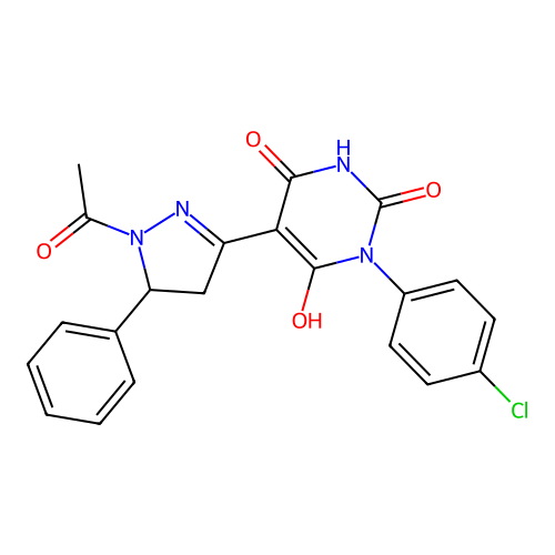 (Z)-5-(1-acetyl-5-phenylpyrazolidin-3-ylidene)-1-(4-chlorophenyl)pyrimidine-2,4,6(1H,3H,5H)-trione structure