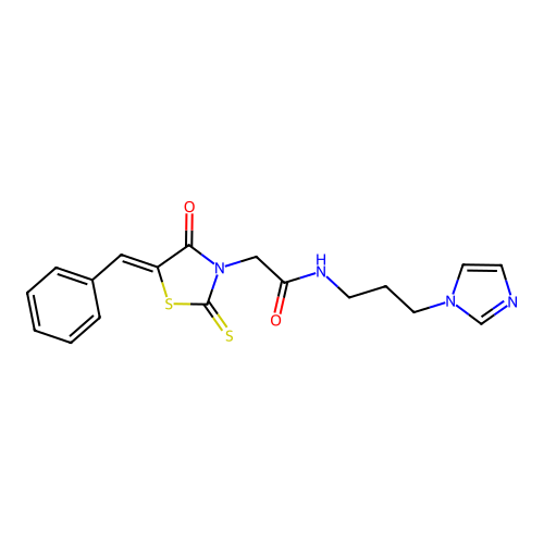 (Z)-N-(3-(1H-imidazol-1-yl)propyl)-2-(5-benzylidene-4-oxo-2-thioxothiazolidin-3-yl)acetamide structure