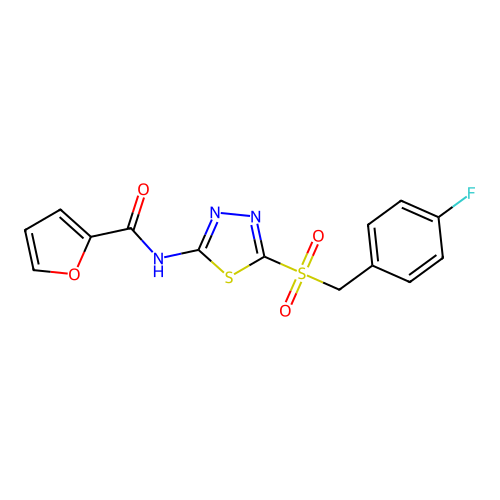 N-{5-[(4-fluorobenzyl)sulfonyl]-1,3,4-thiadiazol-2-yl}furan-2-carboxamide structure