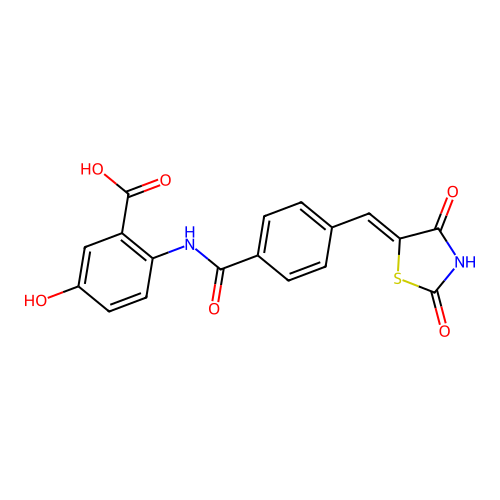 (Z)-2-(4-((2,4-dioxothiazolidin-5-ylidene)methyl)benzamido)-5-hydroxybenzoic acid structure