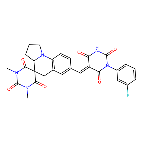 (E)-7'-((1-(3-fluorophenyl)-2,4,6-trioxotetrahydropyrimidin-5(2H)-ylidene)methyl)-1,3-dimethyl-2',3',3a',5'-tetrahydro-1H,1'H-spiro[pyrimidine-5,4'-pyrrolo[1,2-a]quinoline]-2,4,6(3H)-trione structure