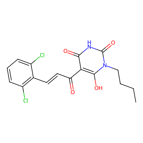 (E)-3-butyl-5-(3-(2,6-dichlorophenyl)acryloyl)-6-hydroxypyrimidine-2,4(1H,3H)-dione structure
