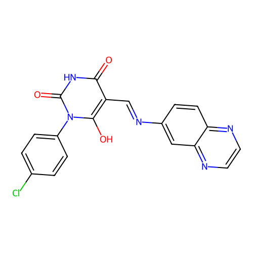 (5E)-1-(4-chlorophenyl)-5-[(quinoxalin-6-ylamino)methylidene]-1,3-diazinane-2,4,6-trione structure
