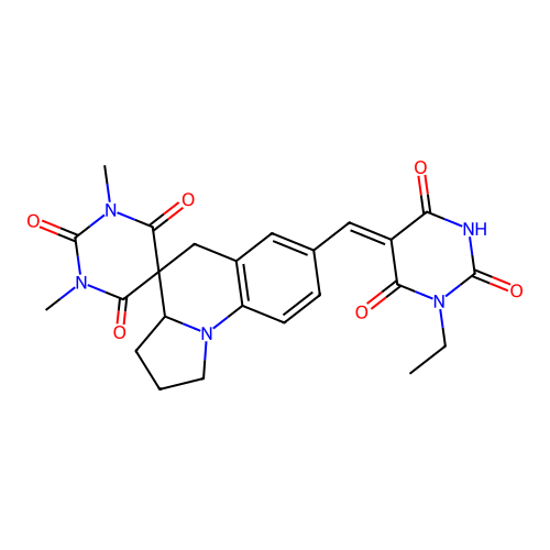 (Z)-7'-((1-ethyl-2,4,6-trioxotetrahydropyrimidin-5(2H)-ylidene)methyl)-1,3-dimethyl-2',3',3a',5'-tetrahydro-1H,1'H-spiro[pyrimidine-5,4'-pyrrolo[1,2-a]quinoline]-2,4,6(3H)-trione structure