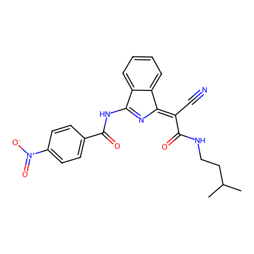(Z)-N-(1-(1-cyano-2-(isopentylamino)-2-oxoethylidene)-1H-isoindol-3-yl)-4-nitrobenzamide structure