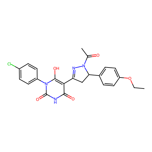 (Z)-5-(1-acetyl-5-(4-ethoxyphenyl)pyrazolidin-3-ylidene)-1-(4-chlorophenyl)pyrimidine-2,4,6(1H,3H,5H)-trione structure