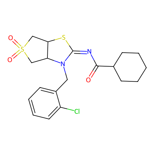 (Z)-N-(3-(2-chlorobenzyl)-5,5-dioxidotetrahydrothieno[3,4-d]thiazol-2(3H)-ylidene)cyclohexanecarboxamide structure