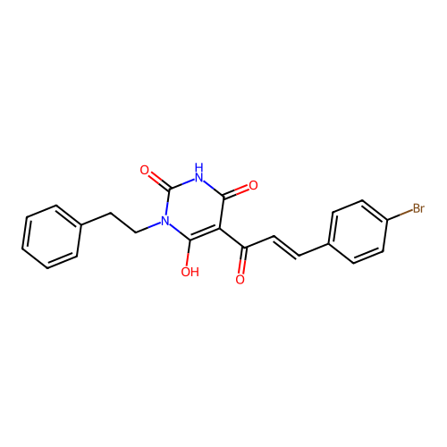(E)-5-(3-(4-bromophenyl)acryloyl)-6-hydroxy-3-phenethylpyrimidine-2,4(1H,3H)-dione structure