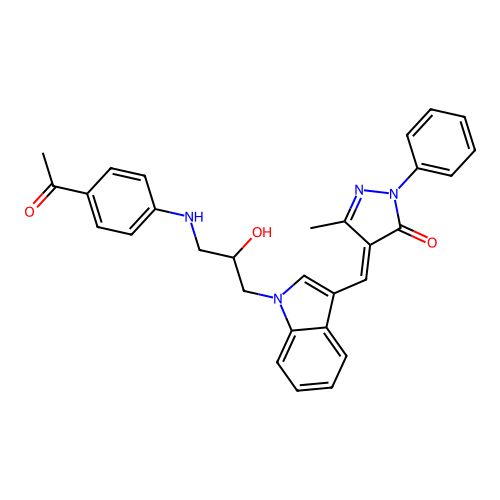 (4E)-4-[(1-{3-[(4-acetylphenyl)amino]-2-hydroxypropyl}-1H-indol-3-yl)methylidene]-5-methyl-2-phenyl-2,4-dihydro-3H-pyrazol-3-one structure