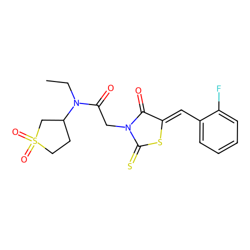 (Z)-N-(1,1-dioxidotetrahydrothiophen-3-yl)-N-ethyl-2-(5-(2-fluorobenzylidene)-4-oxo-2-thioxothiazolidin-3-yl)acetamide structure