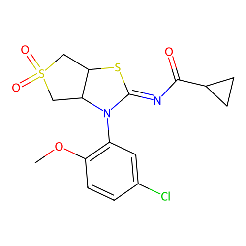 N-[(2Z)-3-(5-chloro-2-methoxyphenyl)-5,5-dioxidotetrahydrothieno[3,4-d][1,3]thiazol-2(3H)-ylidene]cyclopropanecarboxamide structure