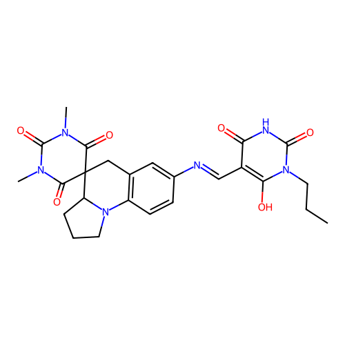 (E)-1,3-dimethyl-7'-(((2,4,6-trioxo-1-propyltetrahydropyrimidin-5(2H)-ylidene)methyl)amino)-2',3',3a',5'-tetrahydro-1H,1'H-spiro[pyrimidine-5,4'-pyrrolo[1,2-a]quinoline]-2,4,6(3H)-trione structure