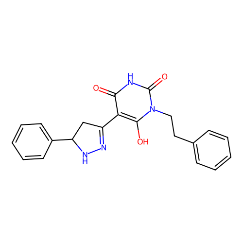 (Z)-1-phenethyl-5-(5-phenylpyrazolidin-3-ylidene)pyrimidine-2,4,6(1H,3H,5H)-trione structure