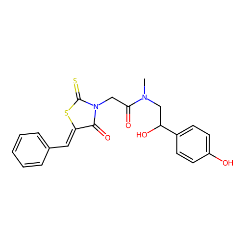 2-[(5Z)-5-benzylidene-4-oxo-2-thioxo-1,3-thiazolidin-3-yl]-N-[2-hydroxy-2-(4-hydroxyphenyl)ethyl]-N-methylacetamide structure