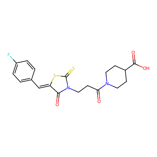 1-{3-[(5Z)-5-(4-fluorobenzylidene)-4-oxo-2-thioxo-1,3-thiazolidin-3-yl]propanoyl}piperidine-4-carboxylic acid structure