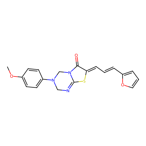 (7Z)-7-[(2E)-3-(furan-2-yl)prop-2-en-1-ylidene]-3-(4-methoxyphenyl)-3,4-dihydro-2H-[1,3]thiazolo[3,2-a][1,3,5]triazin-6(7H)-one structure