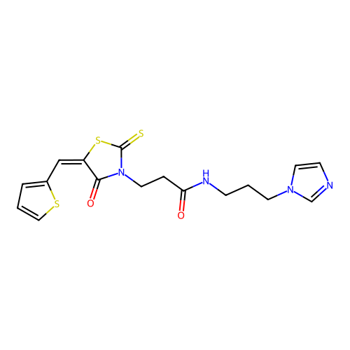 (E)-N-(3-(1H-imidazol-1-yl)propyl)-3-(4-oxo-5-(thiophen-2-ylmethylene)-2-thioxothiazolidin-3-yl)propanamide structure