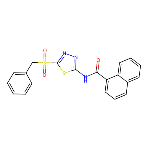N-[5-(benzylsulfonyl)-1,3,4-thiadiazol-2-yl]naphthalene-1-carboxamide structure
