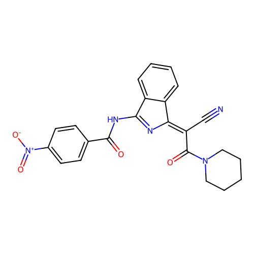 (Z)-N-(1-(1-cyano-2-oxo-2-(piperidin-1-yl)ethylidene)-1H-isoindol-3-yl)-4-nitrobenzamide structure