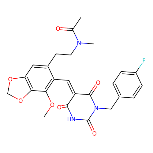 N-(2-(6-((1-(4-fluorobenzyl)-2,4,6-trioxotetrahydropyrimidin-5(2H)-ylidene)methyl)-7-methoxybenzo[d][1,3]dioxol-5-yl)ethyl)-N-methylacetamide structure