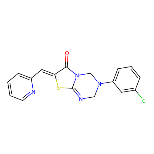 (7Z)-3-(3-chlorophenyl)-7-(pyridin-2-ylmethylidene)-2,4-dihydro-[1,3]thiazolo[3,2-a][1,3,5]triazin-6-one structure
