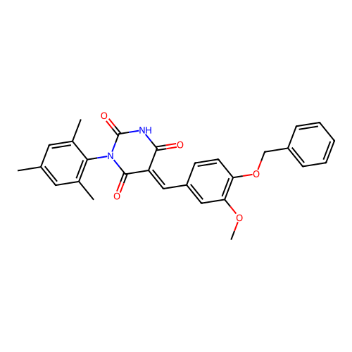 (E)-5-(4-(benzyloxy)-3-methoxybenzylidene)-1-mesitylpyrimidine-2,4,6(1H,3H,5H)-trione structure