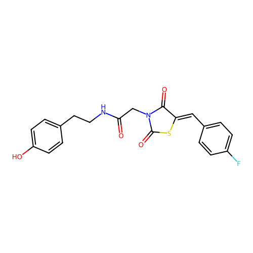 2-[(5Z)-5-(4-fluorobenzylidene)-2,4-dioxo-1,3-thiazolidin-3-yl]-N-[2-(4-hydroxyphenyl)ethyl]acetamide structure