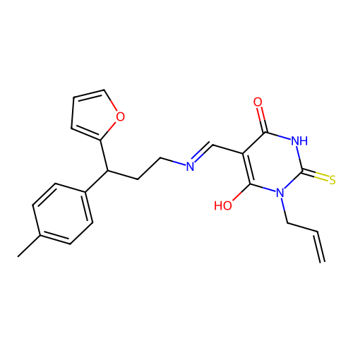 (5E)-5-({[3-(furan-2-yl)-3-(4-methylphenyl)propyl]amino}methylidene)-1-(prop-2-en-1-yl)-2-sulfanylpyrimidine-4,6(1H,5H)-dione structure